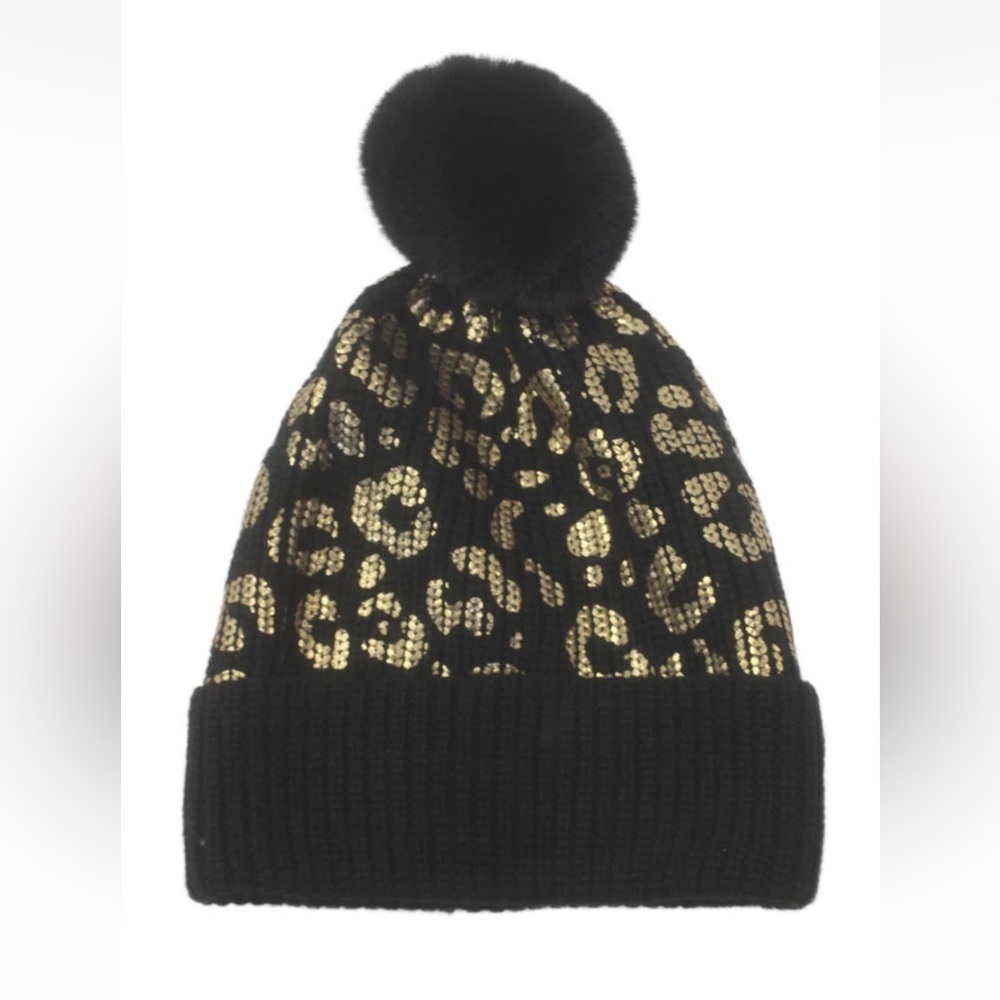 Jocelyn Leopard Foil Print Beanie Hat With Faux Fur Pompom, New With Tags!